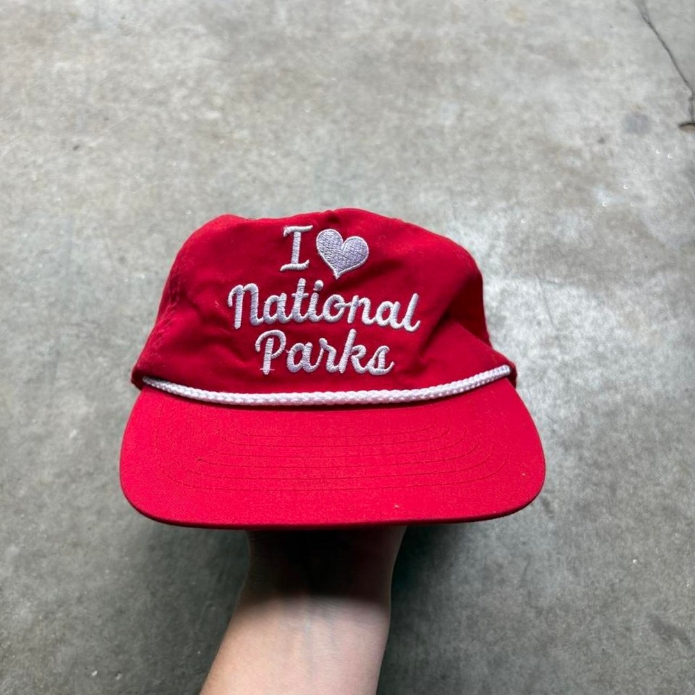 Red I love National Parks parks project baseball cap with white embroidery